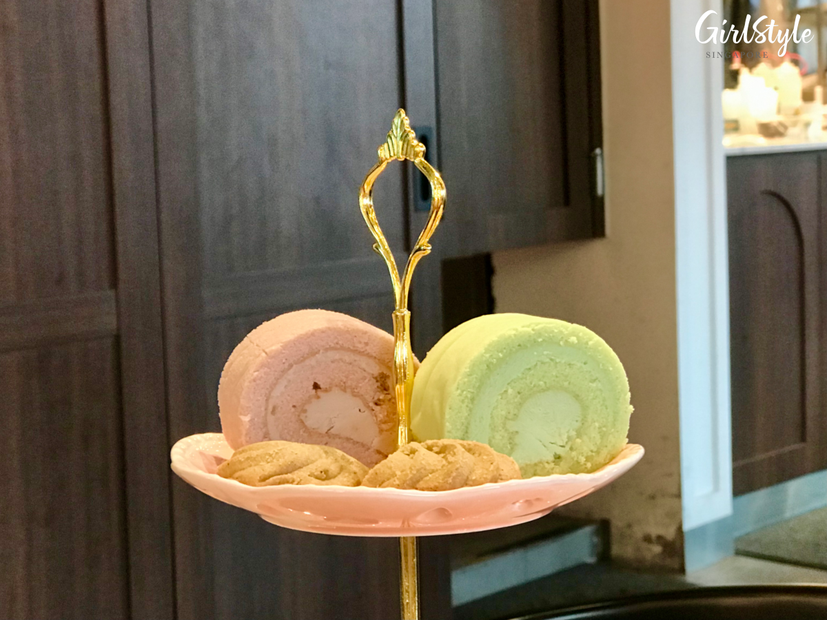 pandan and yam swiss roll cakes and biscuits at The Hainan Story high tea set