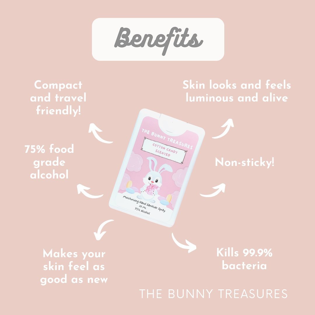 The Bunny Treasures hand sanitisers singapore featuring benefits such as compact, kills 99.9% of germs, non-sticky
