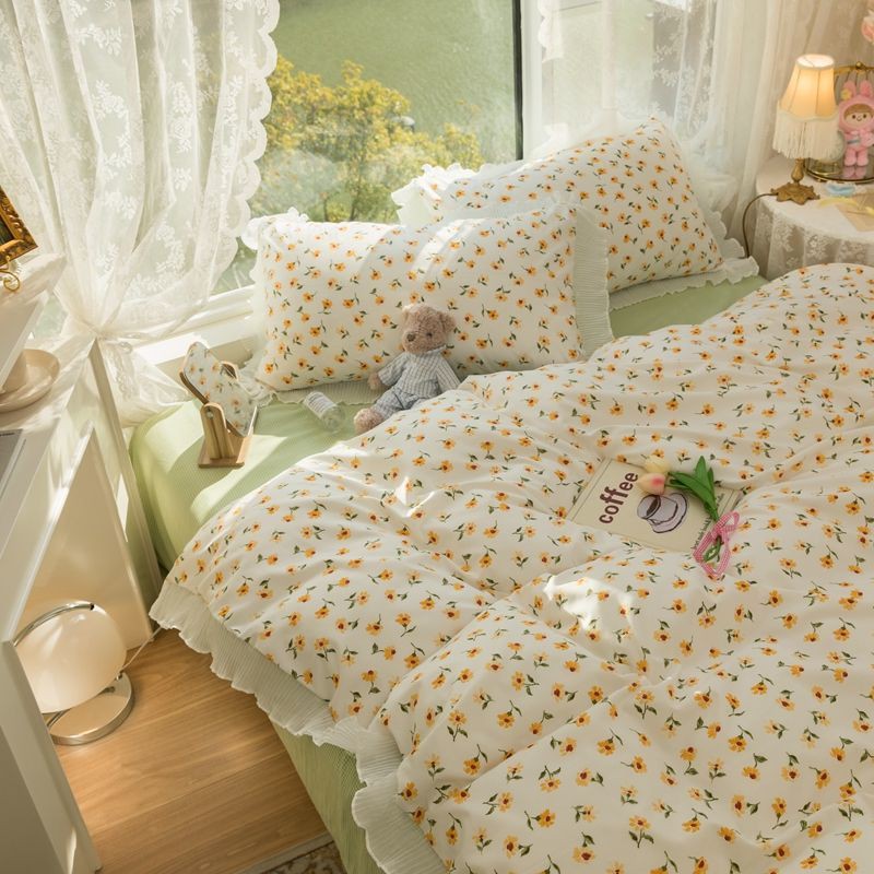 yellow flowers quilt and green korean style bed sheet set singapore