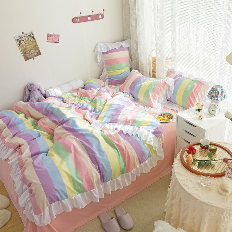 pastel rainbow stripe bed sheet pillow case quilt cover singapore