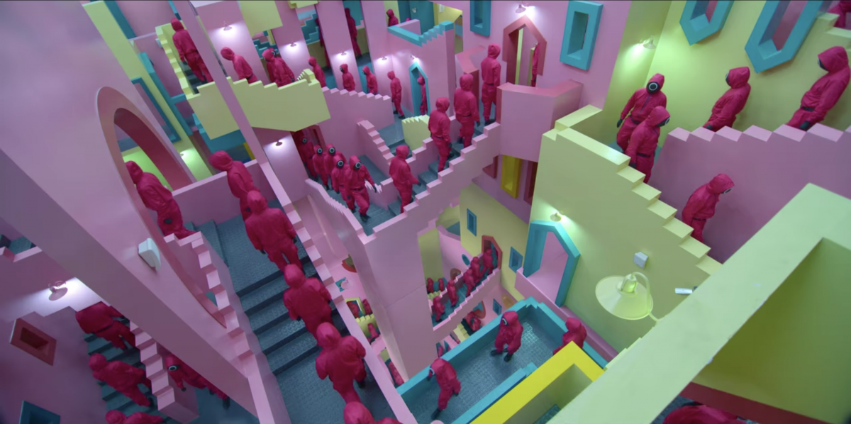 squid game circle mask workers walking though colourful staircases
