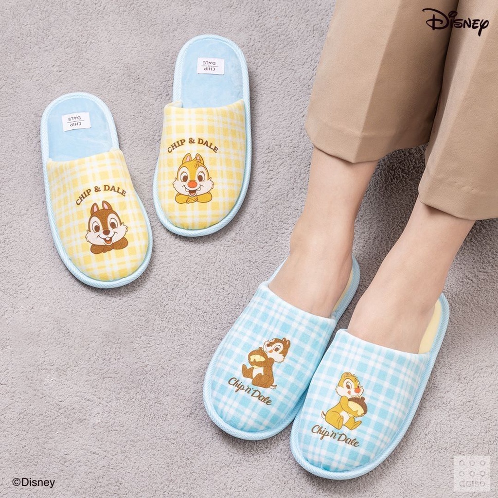 Daiso Korea x Chip 'n' Dale bedroom slippers collection featuring slippers in soft yellow and blue
