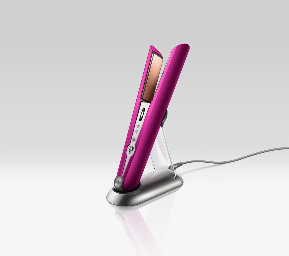 Dyson Corrale straightener in Fuchsia featuring its charging port