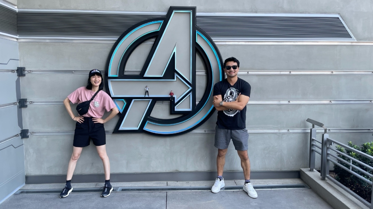 Zhang Meng'er and SImu Liu at the Avengers Campus in LA's Disneyland