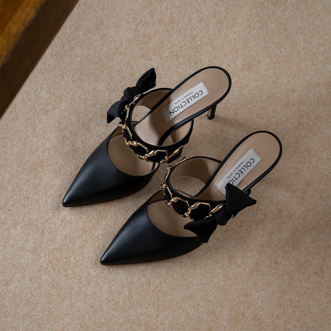 charles and keith singapore black Leather high heeled Mules with chunky chain on satin bow strap