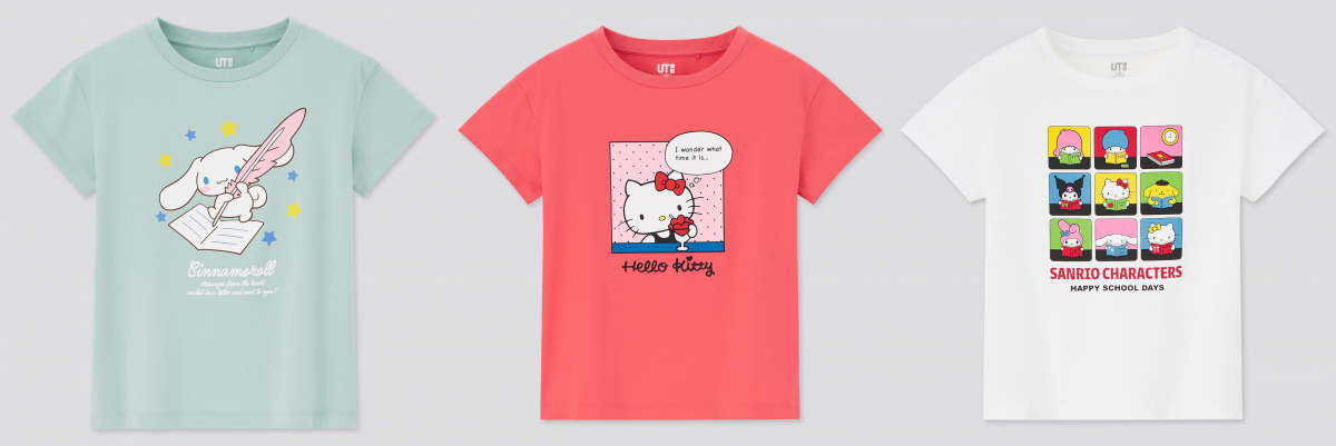 red hello kitty, white all characters and baby pastel blue cinnamoroll kids t shirt uniqlo singapore ut sanrio character collection