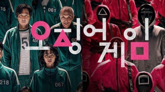 squid game official poster showing players in blue tracksuits and workers in red jumpsuits