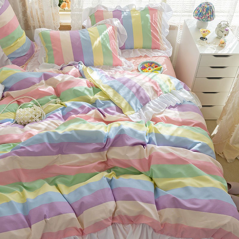 pastel rainbow stripe bed sheet set singapore