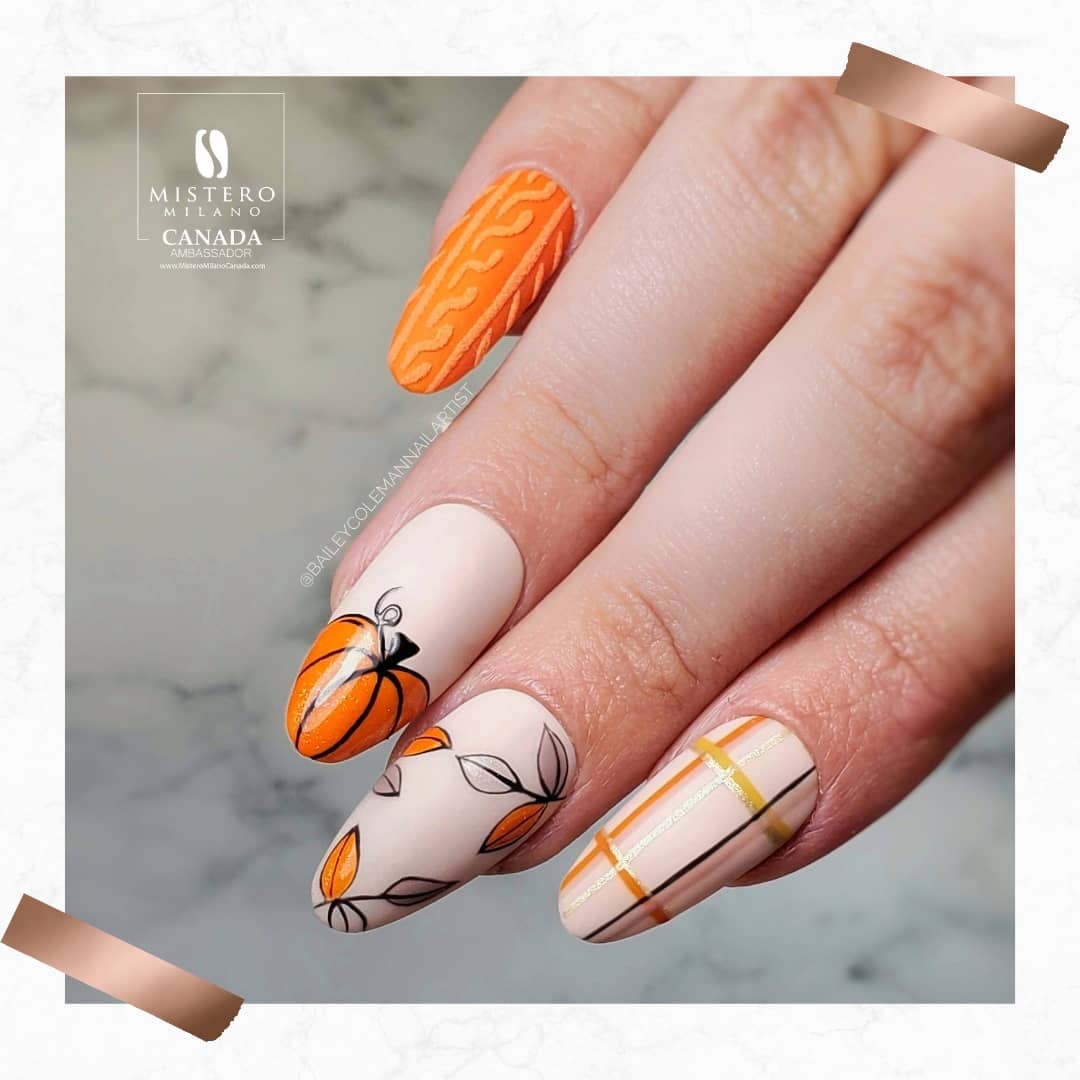 Pumpkin nails with grid designs