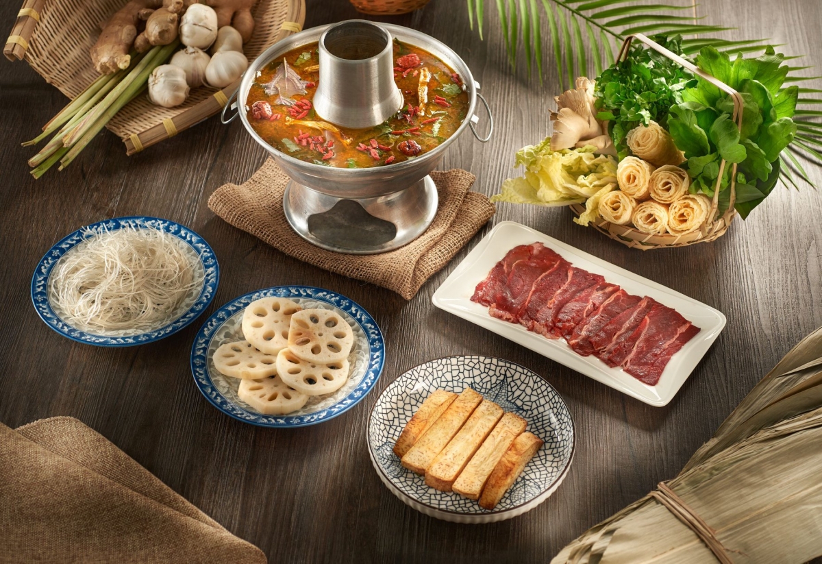 Mrs Pho House vietnamese hot pot and ingredients, lotus root, vermicelli noodles, tofu, vegetables, Vietnamese Mutton Perilla soup