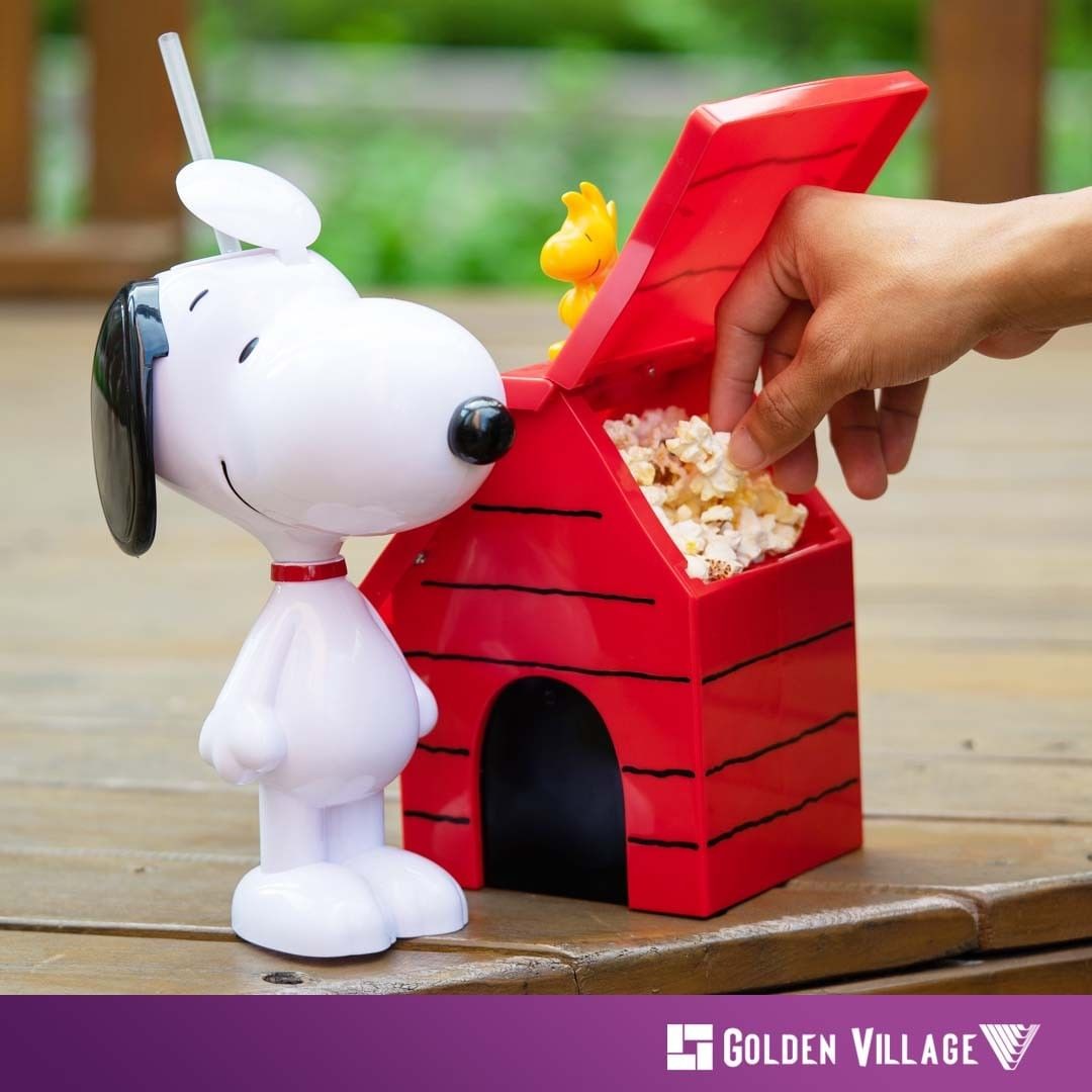 peanuts snoopy house popcorn bucket and tumbler at Golden Village Singapore
