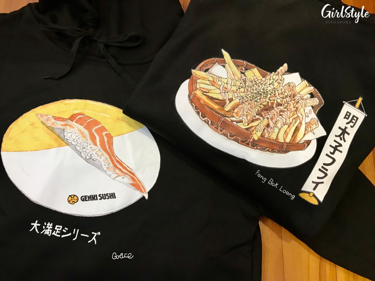 genki sushi singapore black hoodie pullovers with realistic illustration of mentai fries and salmon belly