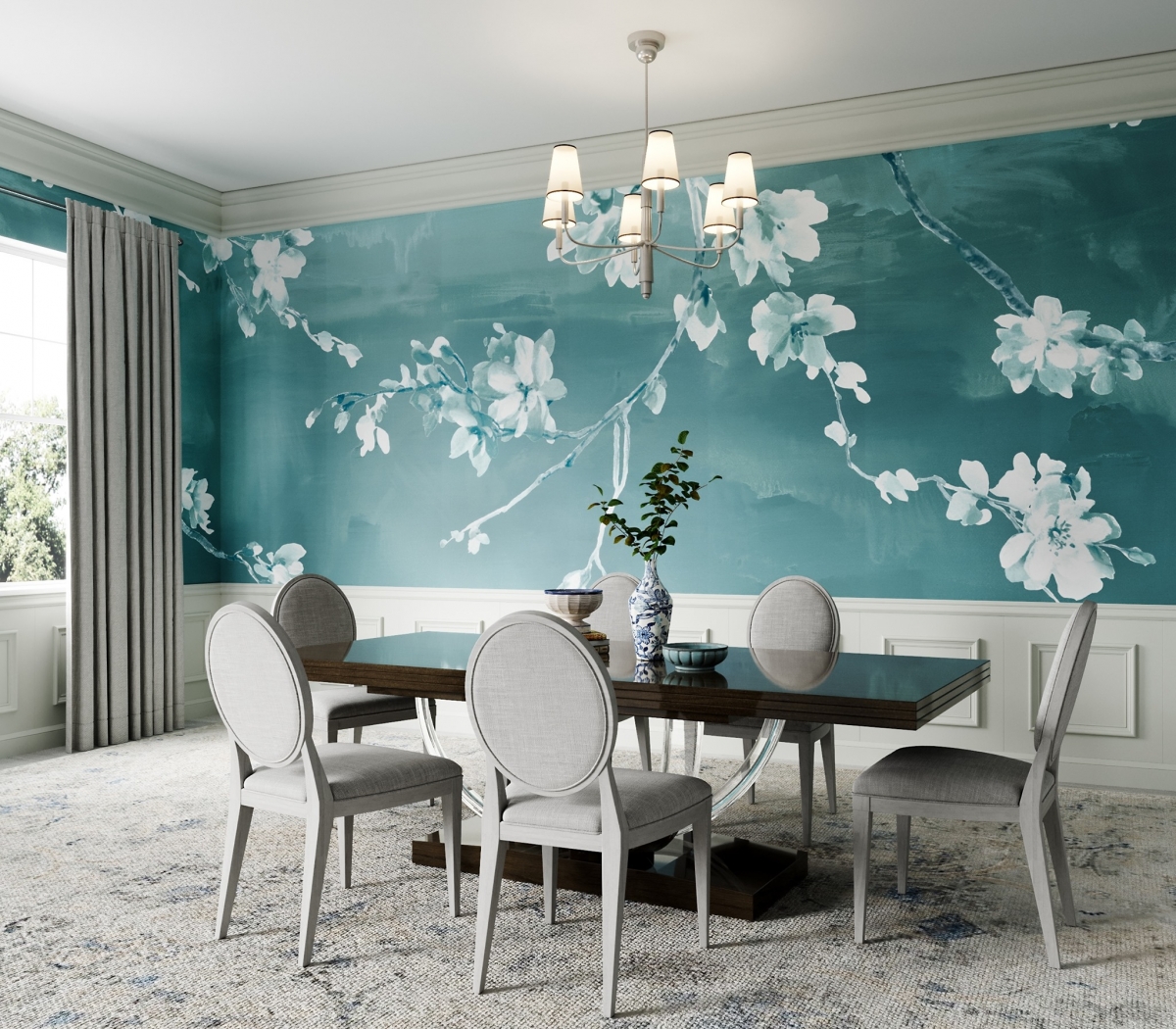 Phillip Jeffries haiku blue wallpaper with white japanese style flowers wallpaper singapore goodrich global