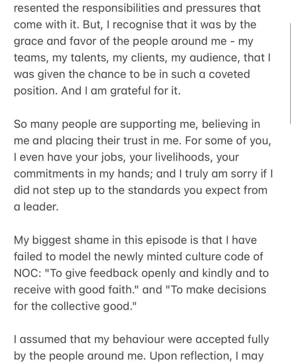 NOC Sylvia's apology