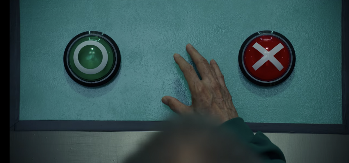 player 001 aka the old man in squid game deciding if he should stop the game