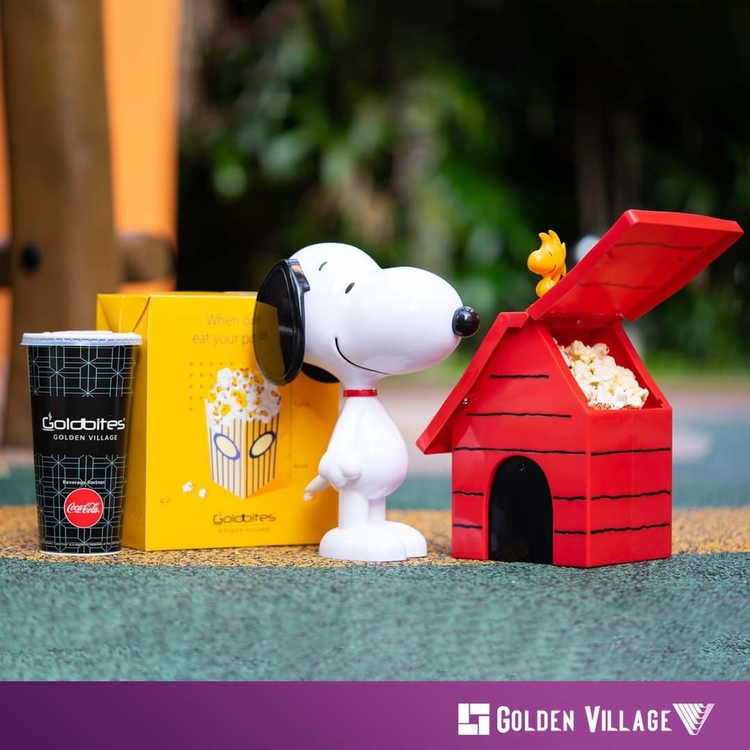peanuts snoopy house popcorn bucket and tumbler with popcorn and drink combo at Golden Village Singapore