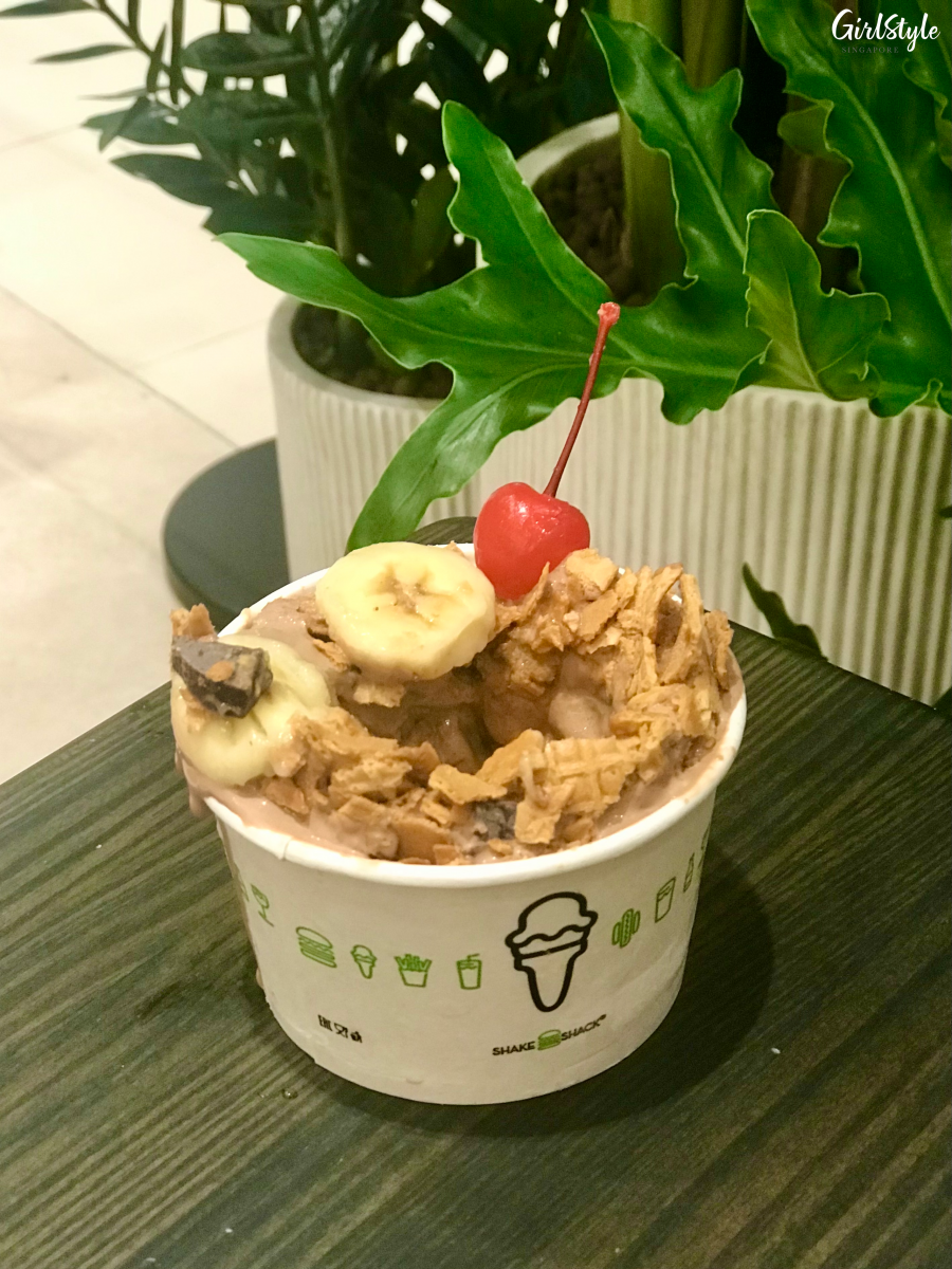 banana and chocolate custard concrete with cherry dessert at shake shack westgate singapore