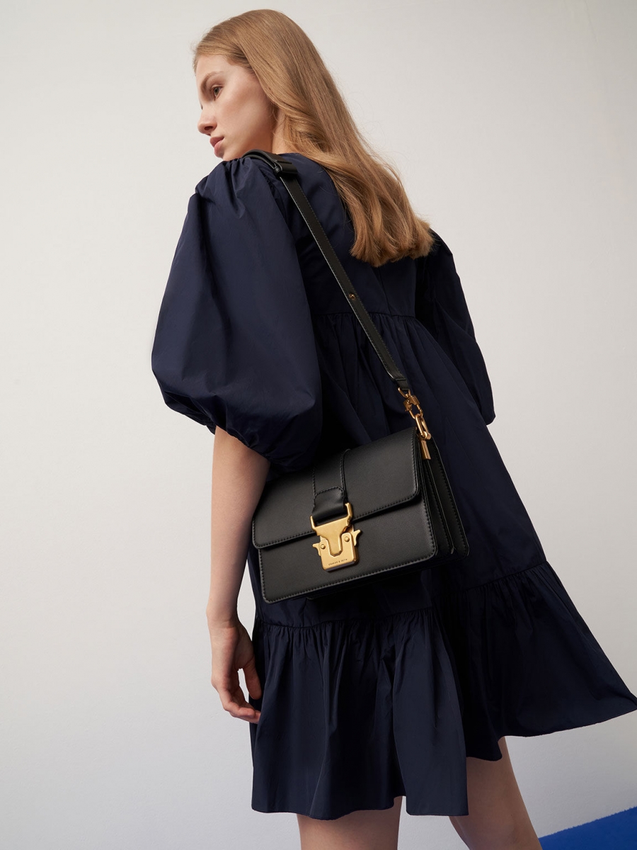 Charles & Keith Metallic Accent Shoulder Bag in Black