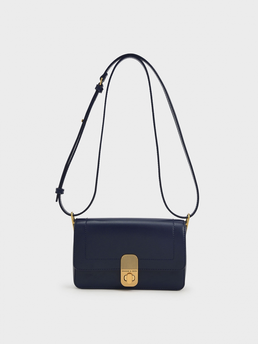 Charles & Keith Enya Front Flap Turn-Lock Shoulder Bag in Navy