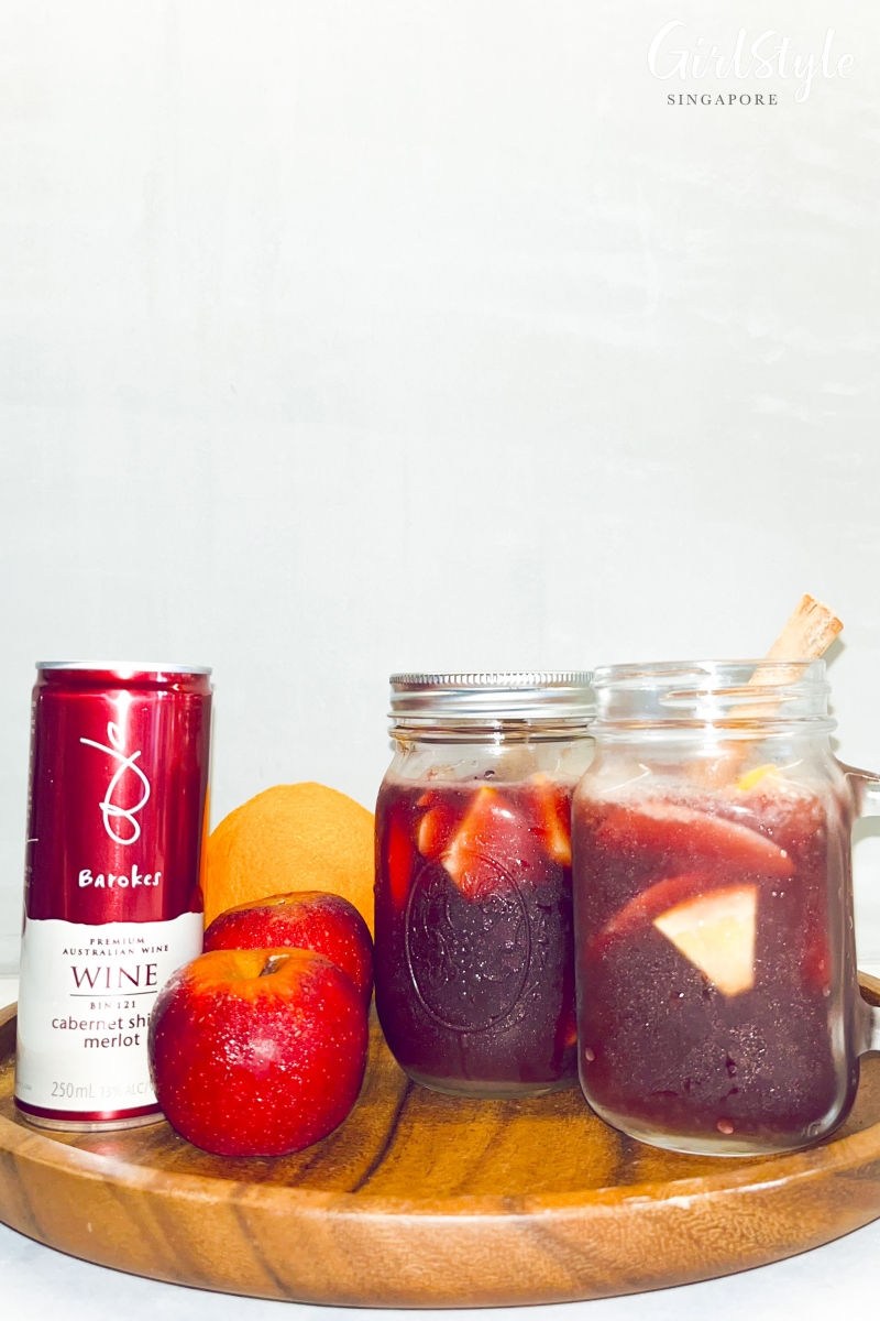 We used Barokes Wine Cabernet Shiraz Merlot (yes, wine in a can!) for this sangria recipe.