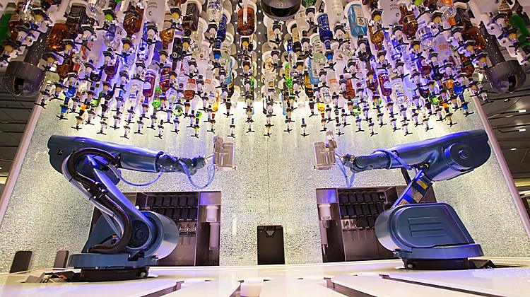Royal Caribbean's Bionic Bar onboard Quantum of the Seas features two robotic bartenders.