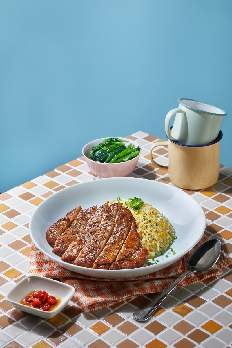 Food Junction Rivervale Mall — Ding Wei Fried Master Egg Fried Rice with Pork Chop & Stir Fried Spinach