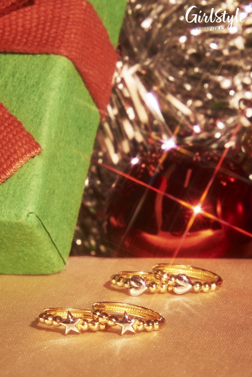 916 Gold Huggies Earrings (Star), $349; 916 Gold Huggies Earrings (Heart), $369