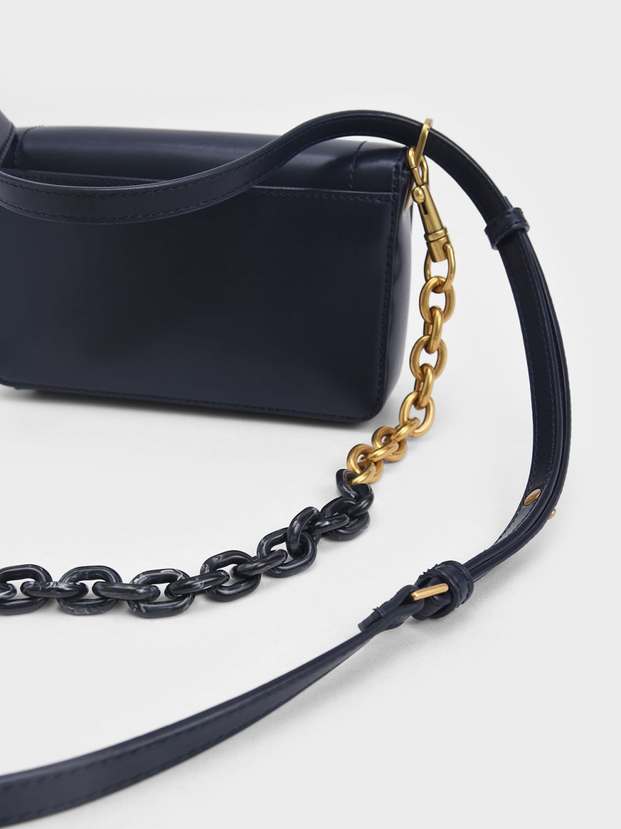 Charles & Keith Enya Front Flap Turn-Lock Shoulder Bag in Navy with chain strap