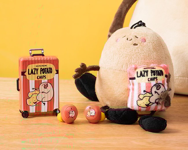 infoThink x XiuXiuBear Lazy Potato Chips Plush Toy & Wireless Earphones In A Little Suitcase