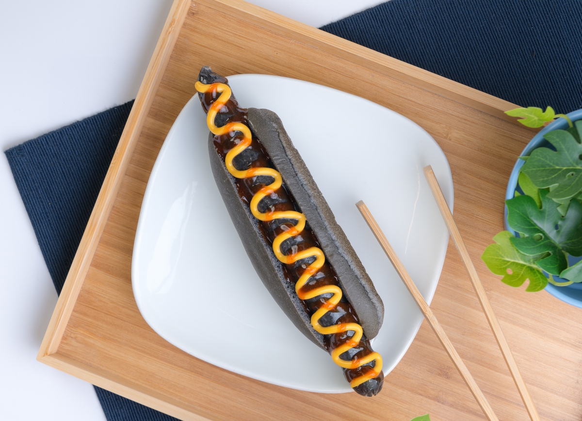 Charcoal hotdog at IKEA Singapore