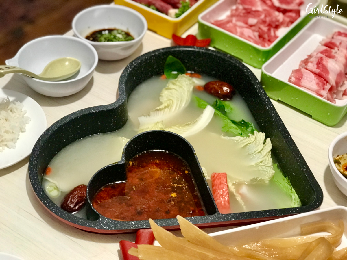 Heart-shaped pot at 中河小镇网红餐厅 tent hot pot restaurant in Singapore