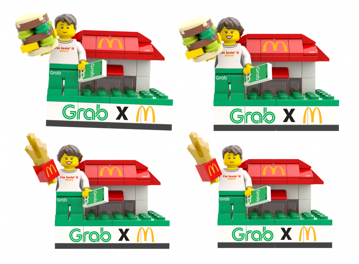 All four designs of Grab x Mcdonald's minifig set