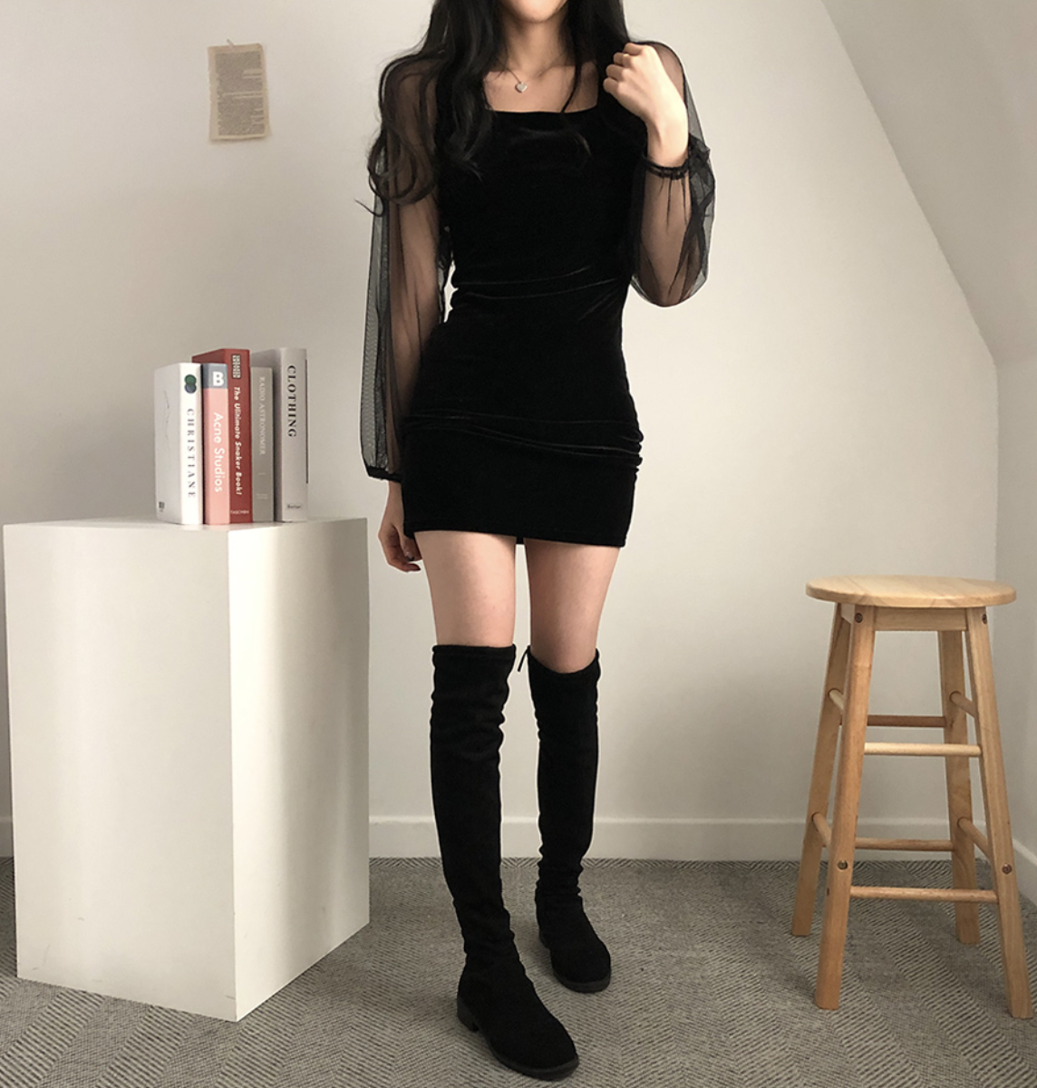 Codibook_Chiffon Sleeve Square Neck Velvet Dress