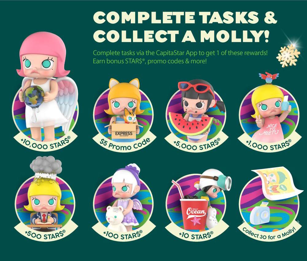 Complete tasks in the CapitaStar app to collect Molly My Childhood Series Character Stamp and Molly Memories!