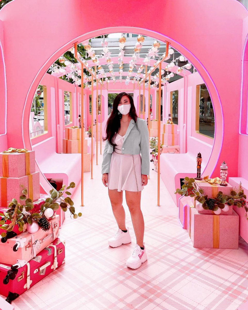Pink train Orchard Central Christmas 2021 decorations