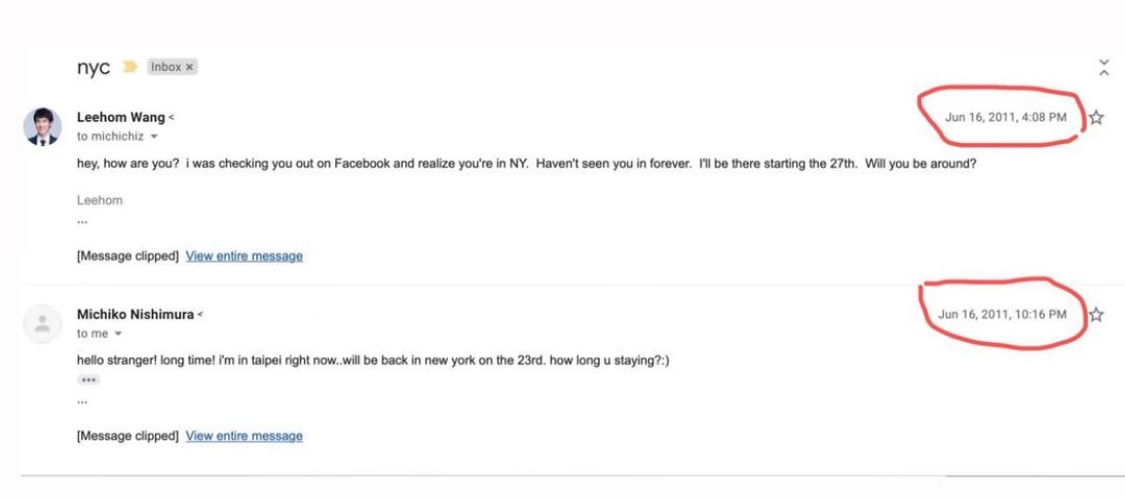 Email thread between Wang Lee Hom and Lee Jing Lei back in 2011