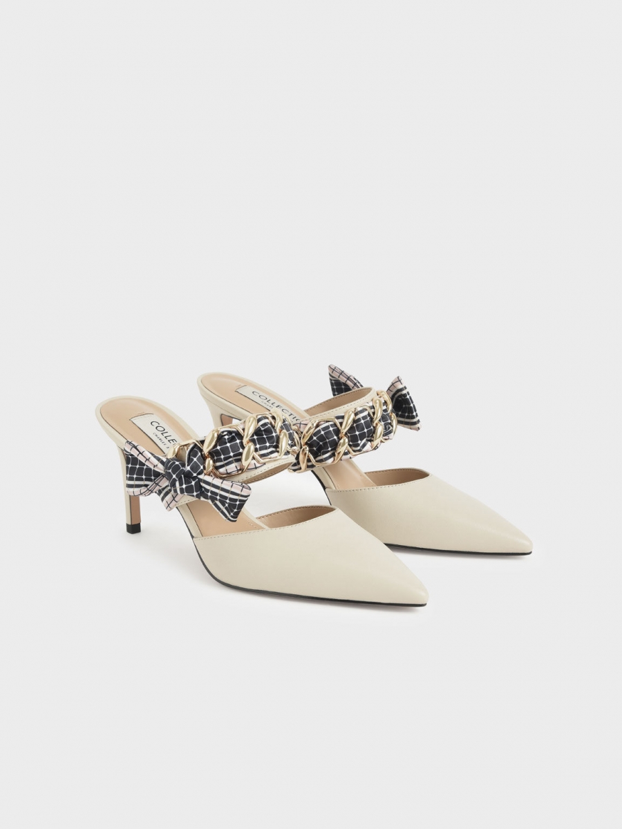 Charles & Keith Printed Fabric Bow Leather Mules