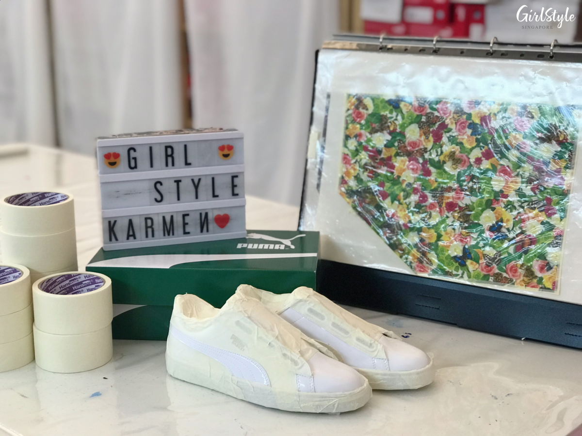 Taped Puma sneakers before hydro dipping