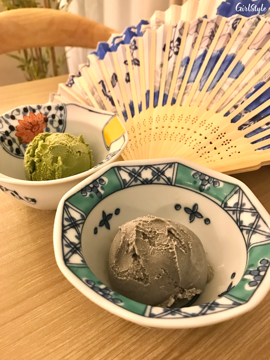 Black sesame and matcha ice cream at Heiwa Wellness & Spa Restaurant omakase