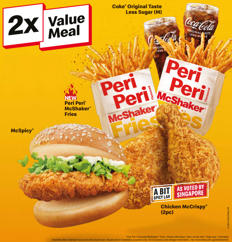2x Value Meal: McSpicy, Chicken McCrispy, Peri Peri Flavoured McShaker Fries, and 2 Medium Coke