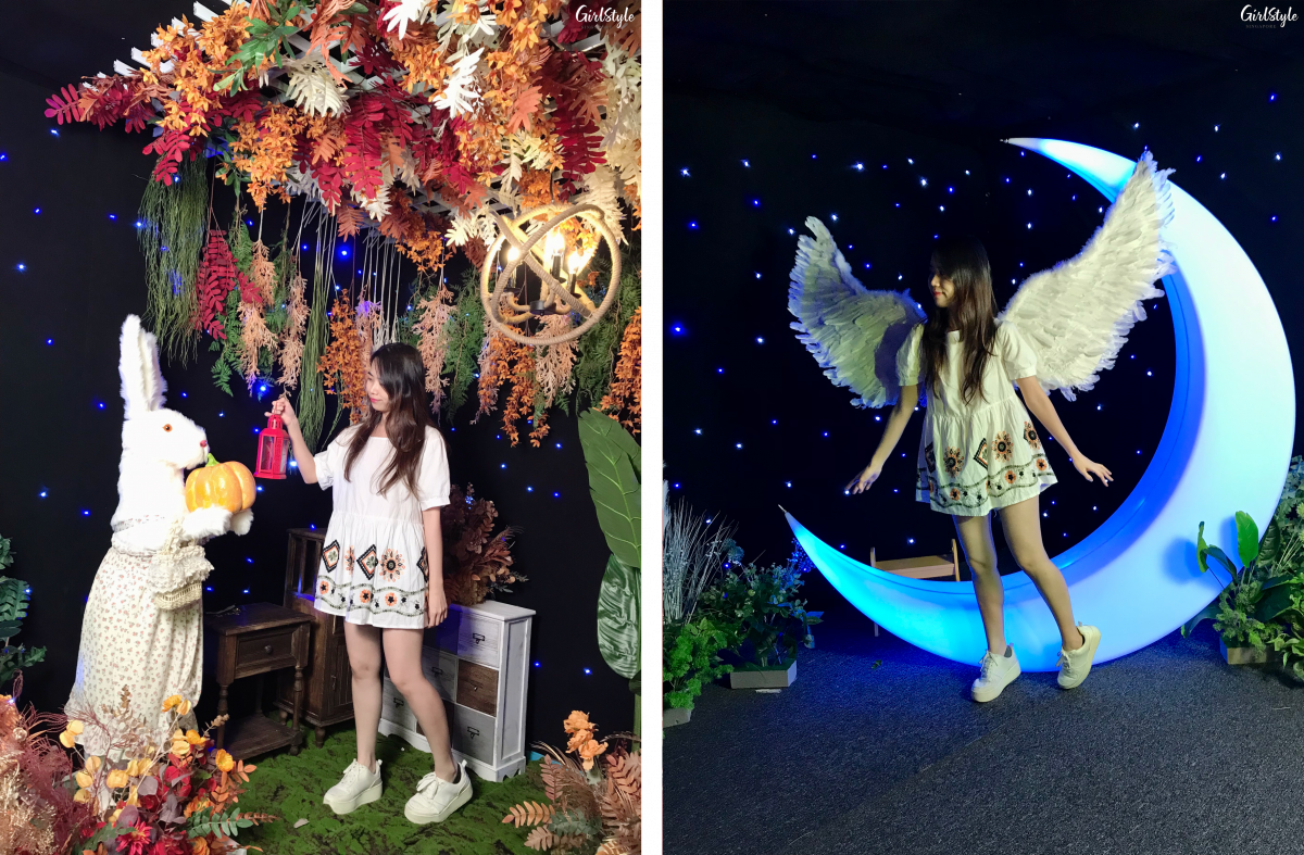 Night sky & stars themed room with giant moon and Alice in Wonderland-themed corner at I WAN Selfie Studio