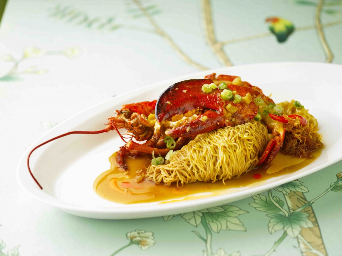 Steamed Boston Lobster with egg noodles and Jade's X.O. sauce at Jade restaurant The Fullerton Hotel Singapore