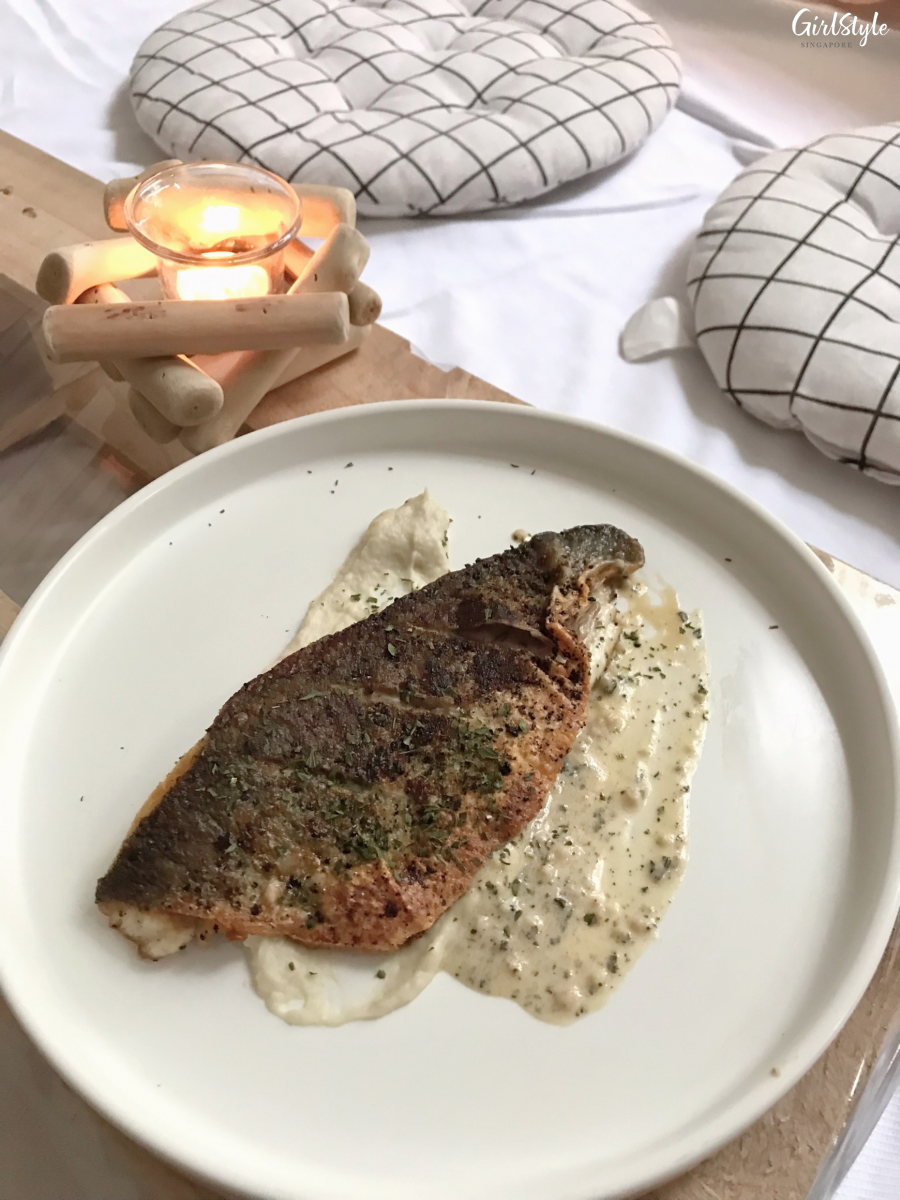 Pan seared sea bass at The Secret Patio Indoor Planetarium Campfire Night pop up dining