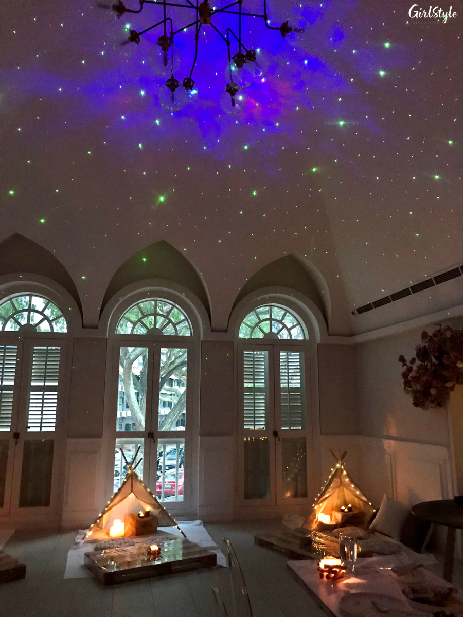 Galaxy and starry sky at The Secret Patio Indoor Planetarium Campfire Night pop up dining