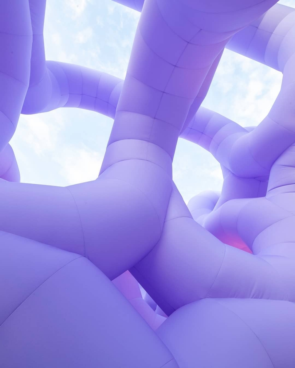 View from the inside of The Art of Dreams Remember Your Dreams by Cyril Lancelin purple inflatable installation
