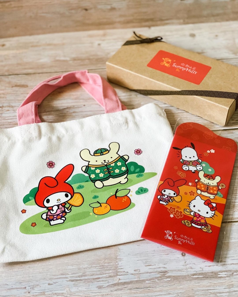 Sanrio tote bag red packet and SUNNYHILLS Pineapple Cake at 7-Eleven Singapore