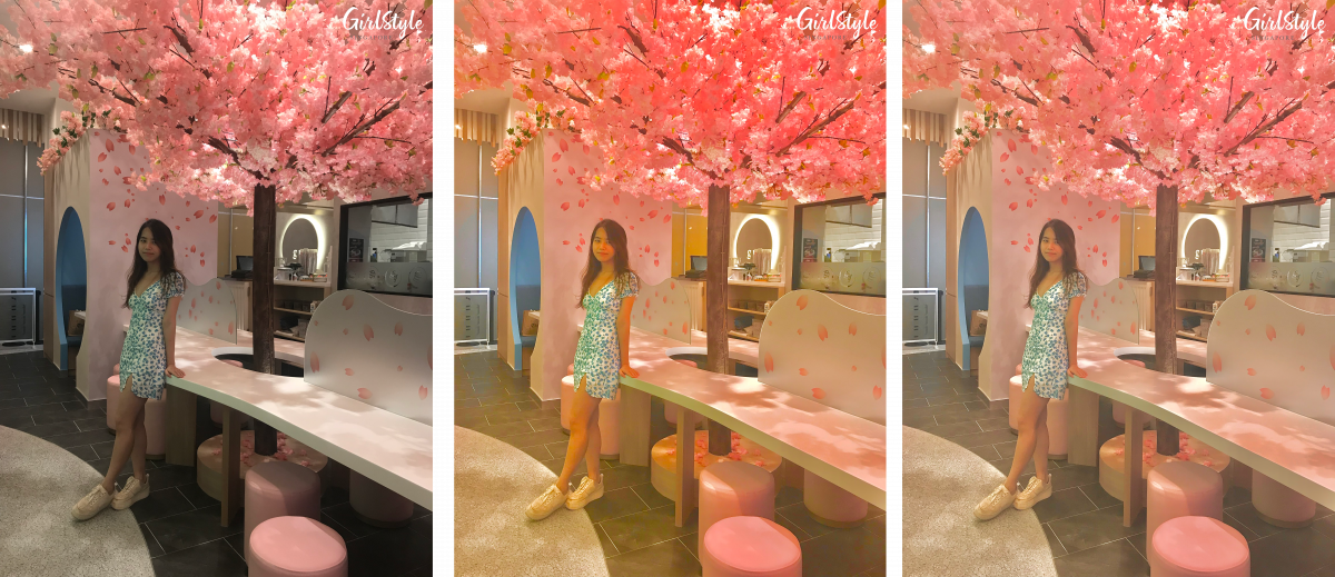 Before & after photo editing on phone - indoors sakura tree at Gram Cafe Singapore