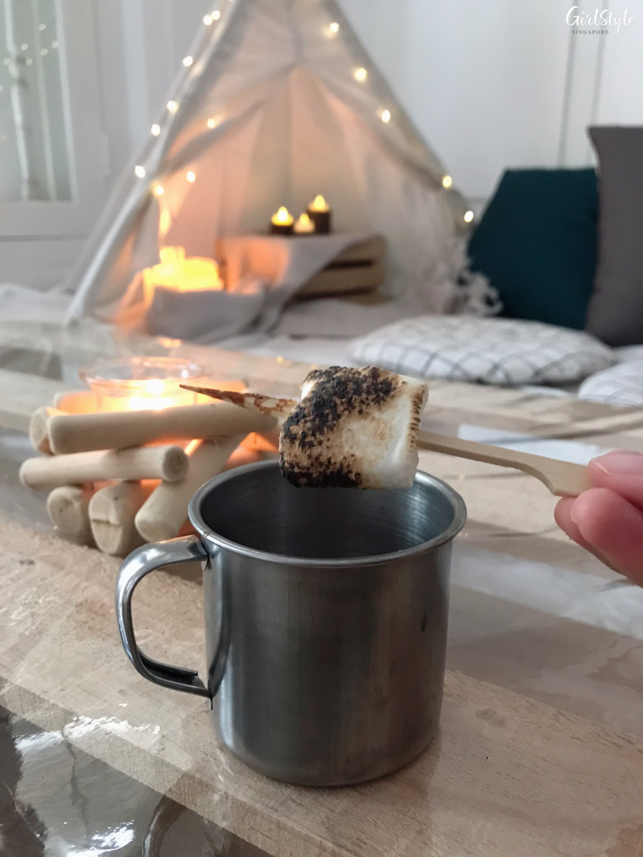 Campfire cocktail with marshmallow at The Secret Patio Indoor Planetarium Campfire Night pop up dining