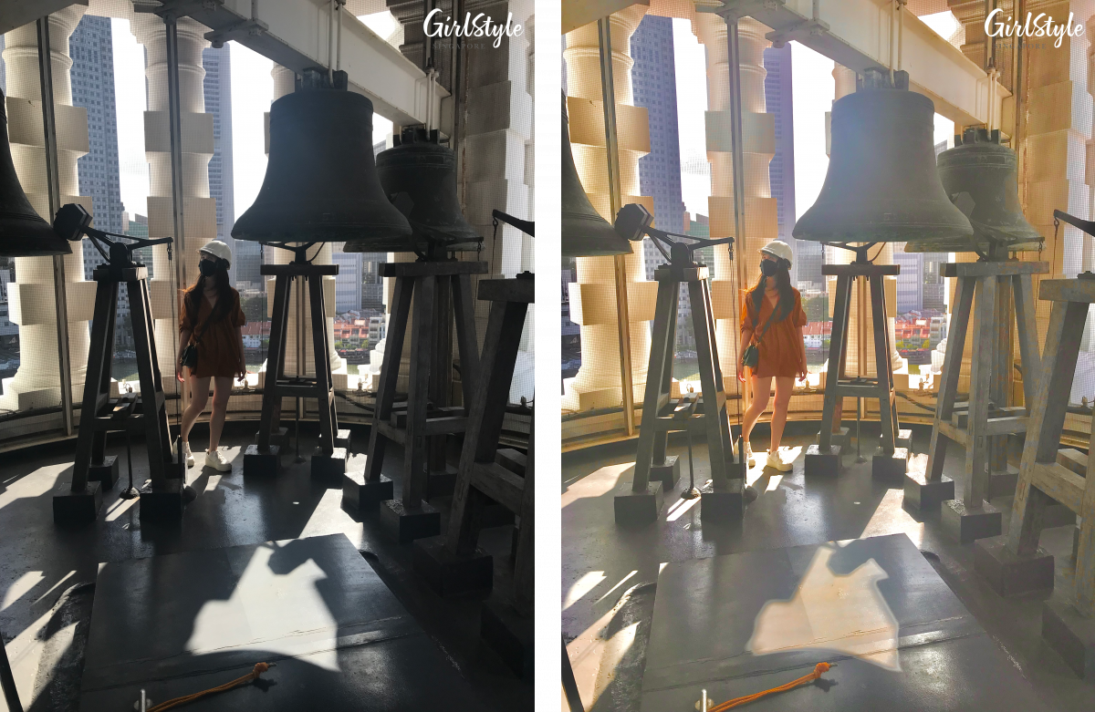Before & after editing backlit photo on phone - Clock tower bells at Victoria Theatre & Concert Hall SIngapore