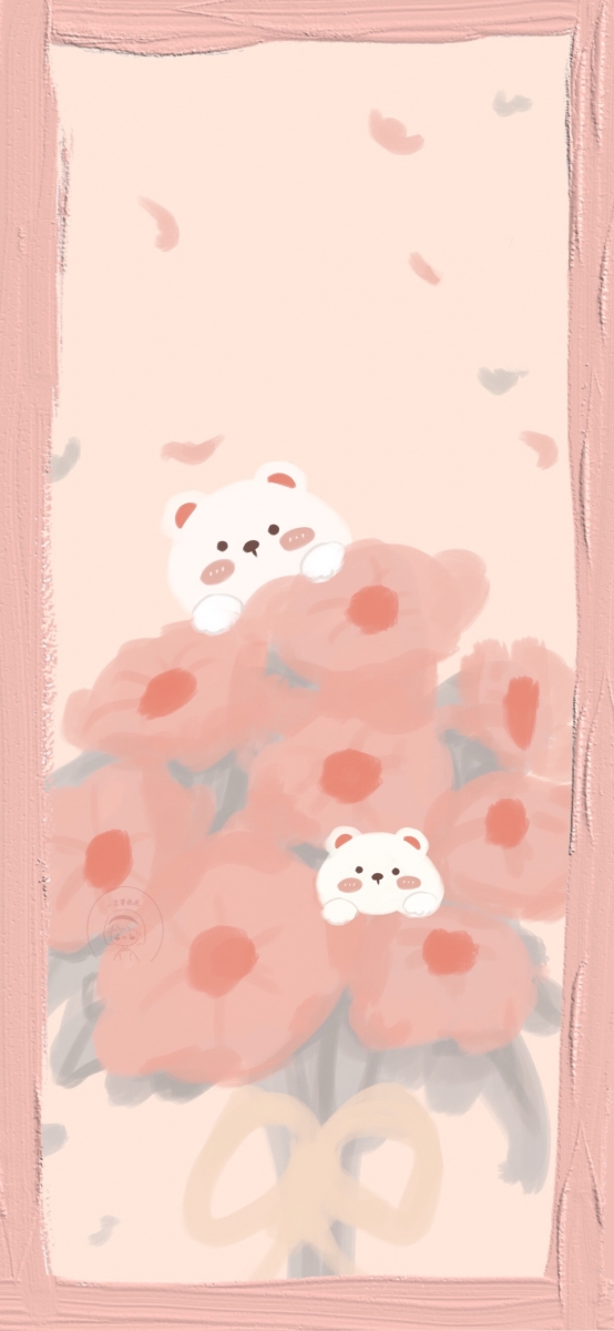 Bouquet of pink flowers and bears illustration phone wallpaper